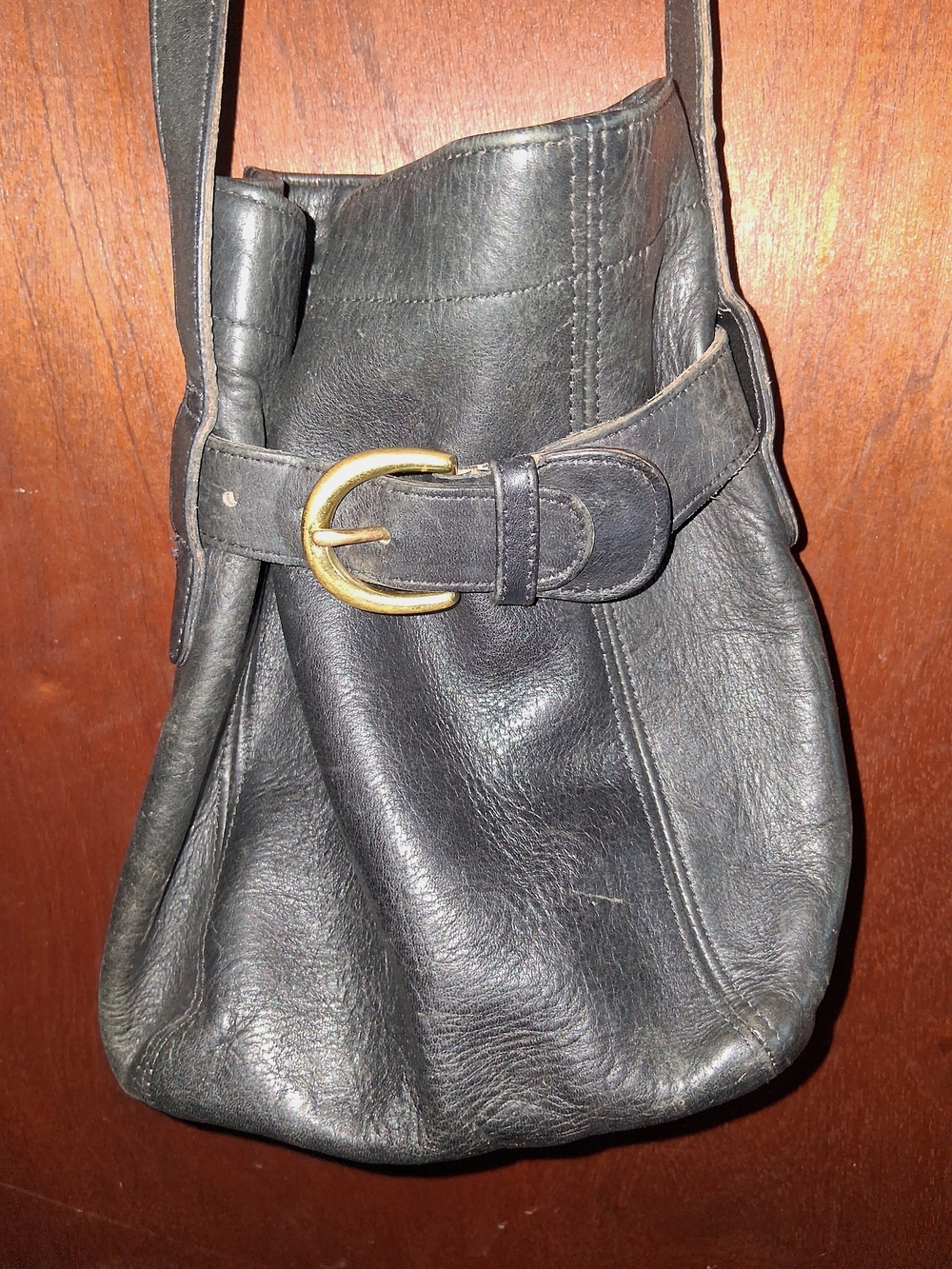 Vintage 4176 Bucket Coach Black Leather Shoulder Bag with Gold-Tone Buckle